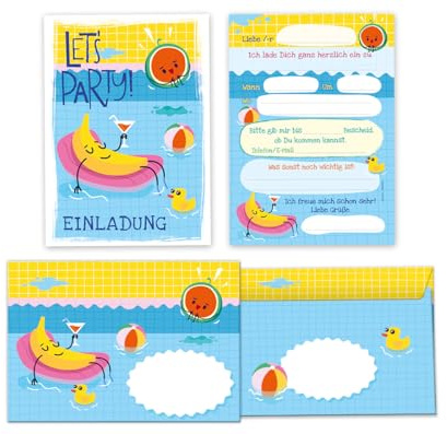Minkocards 12 Einladungskarten incl. 12 Umschläge Kindergeburtstag Schwimmbad Schwimmen Jungen Mädchen Einladung Jungsgeburtstag Mädchengeburtstag