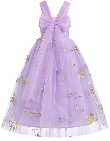FYMNSI Flower Girl Dresses Fairy Tulle Princess Maxi Long Dress Birthday Party Junior Bridesmaid Kids Sleeveless Back Bowknot Floral Embroidery Formal Evening Pageant Ball Prom Gown Lilac 9-10 Years