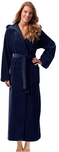 Morgenstern Bademantel Damen Extralang mit Kapuze Frottee Velours Luxus Morgenmantel Dunkelblau M