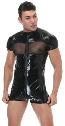 Moinha Wetlook Bodysuit Herren Leder Body Stretch Slim Fit Lack Leder Overall Catsuit Männer Mesh Bodysuit Einteiler Mesh Shirts und Boxer Shorts Anzug Dessous Sexy Transparent Muskel Jumpsuit (XXL)