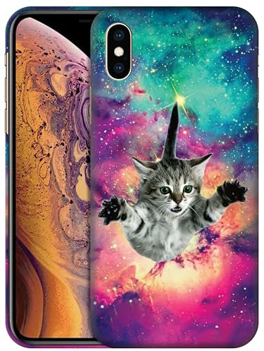 GlamCase for iPhone X/XS / 10, iPhone X/XS / 10 Case - Hipster Flying Cat Space Galaxy Design Printed Sleek Cute Plastic Snap on Protective Designer Back Case/Cover for iPhone X/XS / 10