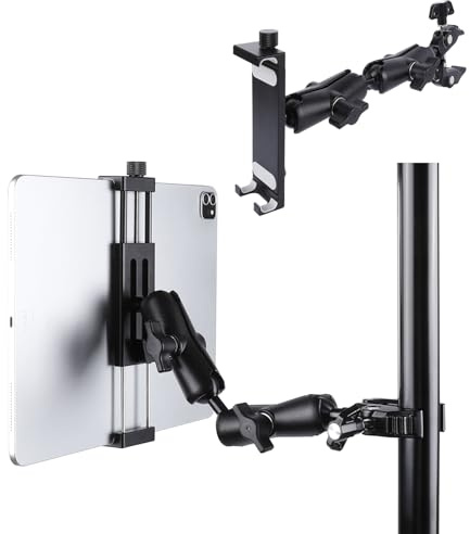 Aluminum Dual Arm Tablet Mount with Super Clamp for Rails 0.5'' to 2'' in Diameter, Side Mount Tablet Holder for Mic Stand, Compatible with iPad Pro 12.9 Air Mini, Galaxy Tab, 4.7-12.9 Tablets