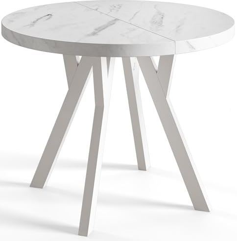 AlpiMeble Runder Esszimmertisch OVO, ausziehbarer Tisch Durchmesser: 80 cm bis 130 cm, Wohnzimmertisch Farbe: MARMUR, mit Holzbeinen in Farbe Weiß