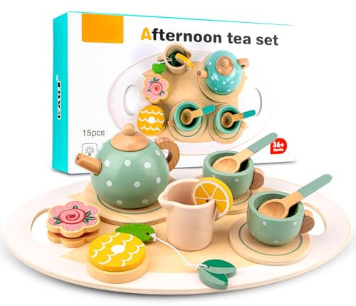 Wooden Afternoon Tea Set 15-Piece Tea Set Pretend Play Tea Party Set Play Food Accessories Food Dessert Teapot Tray Kitchen Accessories Toys Gift Ages 3+