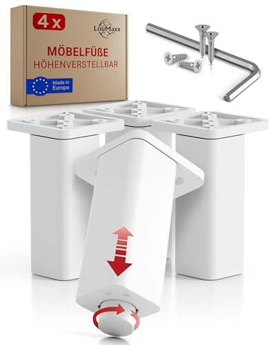 LouMaxx Möbelfüße höhenverstellbar – 4er Set 38x38x100 mm in Weiß inkl. Befestigungsplatte – Füsse für Schränke passend als Kallax Füße – Hochwertige Schrank Füße für individuelle DIY-Möbel
