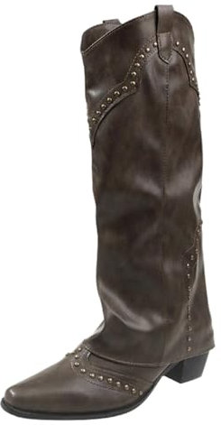 Stivali da cowboy da donna in pelle con tacco – Stivali western a gambo lungo Chelsea, stivali chukka, borchie, stivali da motociclista, stivali alti al ginocchio, stivali invernali, cachi, 39 EU