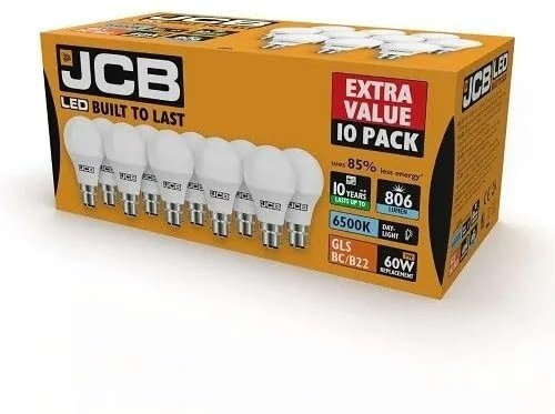 60W B22 Bayonet LED Bulb, Daylight 6500K, 60 Watts Equivalent Replacement, Last up to 25000 Hours, 7.3W BC/B22 GLS Light Bulbs, 806 Lumen, Non-Dimmable, Value Pack of 10, Energy Saving Light Bulb