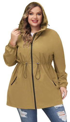 Hanna Nikole Manteau de pluie à capuche pour femme, grande taille, imperméable, coupe-vent, Jaune terrestre., 52 Grande taille