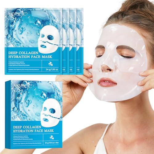 Collagen Face Mask,Maschera Viso al Collagene,Maschere Per il Viso,integra il collagene perso, riporta la pelle a compattezza ed elasticità, migliora le rughe, confezione da 4