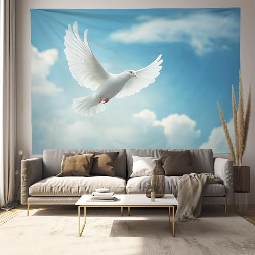 Wandteppich Weiße Taube Im Blauen Himmel Wall Tapestry Art Print Stoff Wandtuch,In Natürlichen Tieren Wandbehang Tapisserie Für Wohnzimmer Schlafzimmer Wanddeko Wandposter Auch Als Picknickdecke