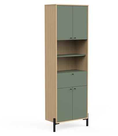 Armoire De Salle Bain avec Rangements, 4 Portes & 1 Tiroir Waterproof en Bois – Gamme Elisa Made in France – Coloris Vert Minéral & Chêne Vincenza - 64 x 201 x 33 cm