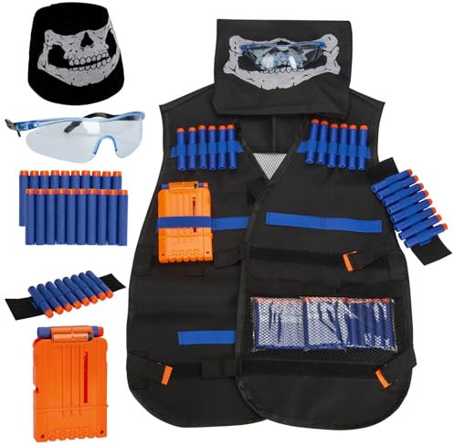Taktische Weste Jacke Set Kinder für Nerf Guns Strike Elite Serie, Dschungel Tarnung Taktisch Vest Battle Weste Zubehör Kit mit 20 er Darts, Nachlade-Clips, Masken, Hand-Armband und Schutzbrille