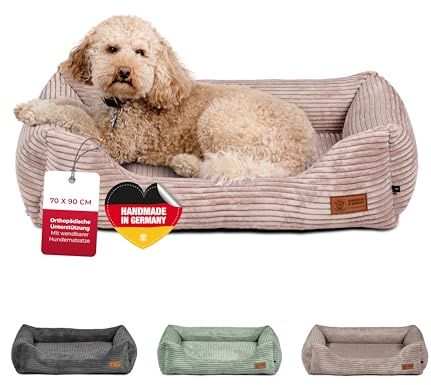 HS-Hundebett® Kuschelbett Deluxe Cord M (70x90 cm) – Orthopädisches Hundebett Beige für große Hunde – Memory Foam, waschbar, rutschfest – Made in Germany