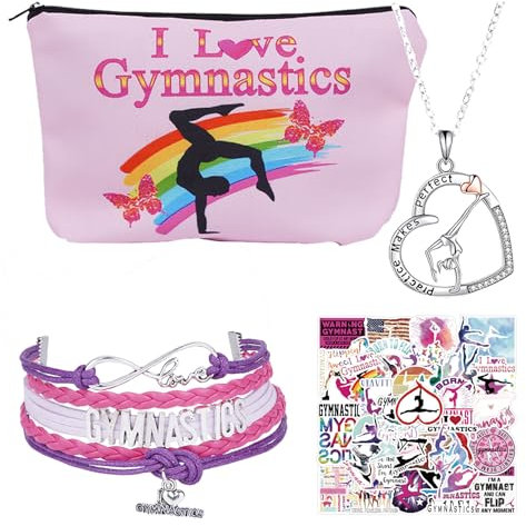 Ensemble d'accessoires de gymnastique pour fille – Bracelet, chaîne, trousse de maquillage et autocollant – Sac de gym fille