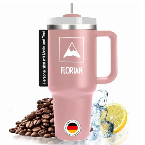 Personalisierter Edelstahl Thermo Trinkbecher mit Lasergravur – 1,1L/40oz Isolierter Tumbler Cup mit Strohhalm – Für Heiß- & Kaltgetränke – Einzigartige Geschenkidee (Rosa)
