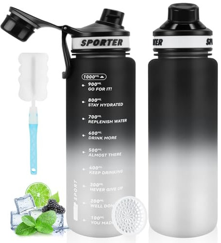 MOMSIV Trinkflasche, 1L Sport Trinkflasche, BPA-Frei Auslaufsicher Sport Wasserflasche mit Zeitmarkierung und Bürste, Sportflasche für Fitness, Schule, Fahrrad, Camping, Yoga (Schwarz)