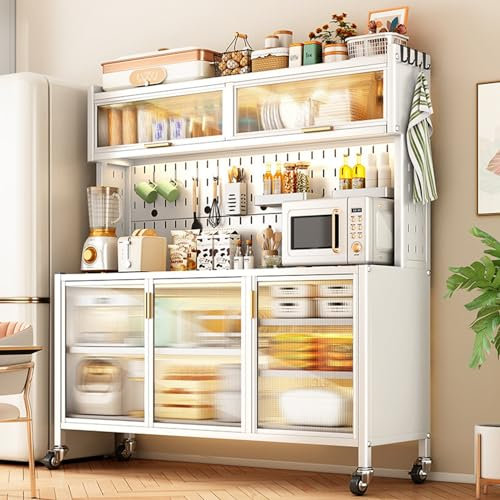 Étagère de Boulangerie à 5 Niveaux avec Portes | Étagères de Boulangerie sur Pied | Support pour Micro-Ondes avec Accessoires en Panneau perforé | Étagère de Rangement de Cuisine avec roulet