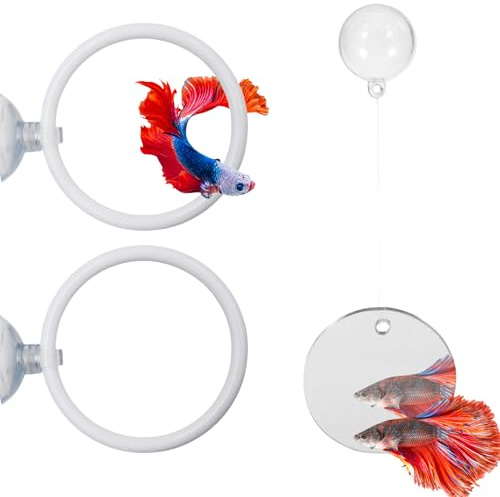Beta Fisch-Aquarium-Zubehör, 1 Fischspiegel mit schwimmendem Ball und 2 Übungsring-Spielzeug, Fisch-Futterring, Betta-Fischspielzeug-Set für Tank, Anreicherungsspielzeug für Fische