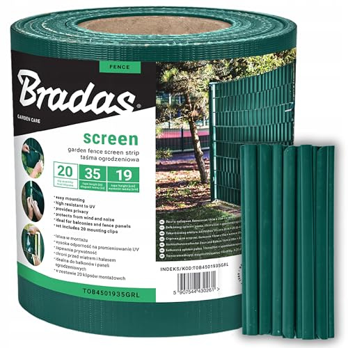 Bradas Sichtschutzstreifen Doppelstabmatten 19 cm x 35 m Grün - Inkl. 20 Clips - UV- und Witterungsbeständig - Für Metall-, Holz-, Plastikzäune - Einfache Montage - Privat & Windschutz Sichtschutz