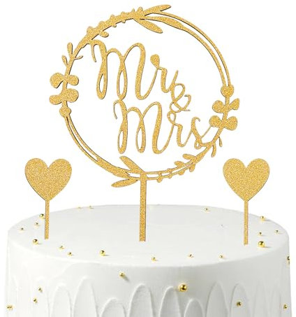 Gleevio Mr & Mrs Deko Hochzeitstorte aus Holz, 3 Stück Glitzer Mr und Mrs Tortendeko Hochzeit Gold, Cake Topper Hochzeit, Mr und Mrs Tortenstecker Hochzeitstorten Deko für Jubiläum Verlobung Antrag
