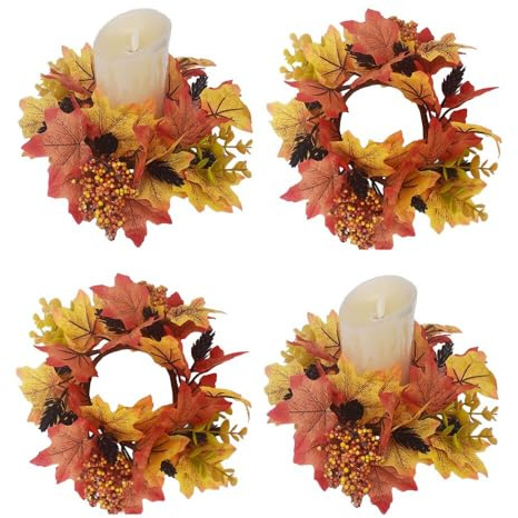 4er Set Herbst Kranz mit Ahornblättern, Beeren & Kiefernzapfen - Ø 25 cm - Dekokranz für Erntedankfest, Tischdeko, Türkranz, Herbstdeko mit Kerzenmotiv (Orange)