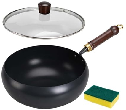 perfk Wok à fond plat de 24 cm avec couvercle en verre, pour cuisinière à induction, pour cuisine chinoise, pour restaurant, buffet, camping