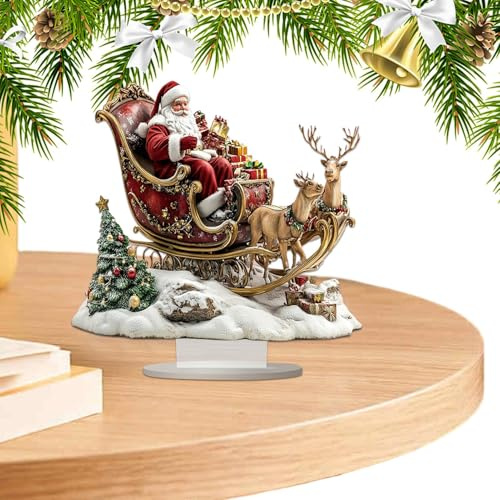Weihnachtsdekoration für Tisch, Weihnachtsschilder 2D - Acryl-Weihnachtsschmuck mit Weihnachtsmann, Schlitten, Elch und Baum mit Ständer für Wohnzimmer, Haus, Studio, Ort