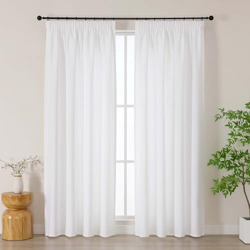 Simplebrand Weiß Gardinen mit Kräuselband in Leinenoptik, 2er Set H 200 x B 140 cm, halbtransparent für Wohnzimmer & Schlafzimmer, Boho-Style mit Schienenhaken