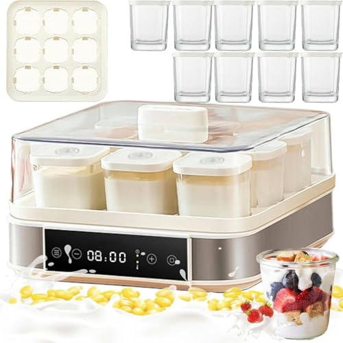 ZXINXIN Electric Yogurt Maker, Yogurt Machine with 9 Glass Jars of 170ml, Practical and Compact Yogurt Maker, with Timer, Adjustable Thermostat and LED Display, 40 W, for Healthy Homemade Desserts