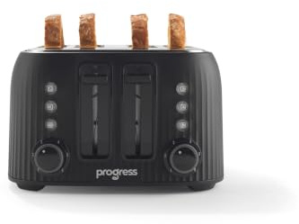 Progress Echo 4 Slice Toaster, 1600W, 6 Browning Levels, Black | Wide Slots, Self-Centring Guides, Defrost/Reheat/Cancel Functions, Removable Crumb Tray, Compact Countertop Design