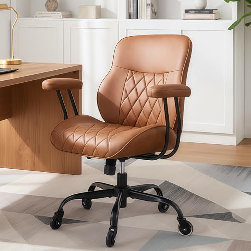 BEWISHOME Brown Leather Office Chair– Features Rubber Wheels and Lumbar Support Ergonomic Mid Century Modern Desk Chair with Adjustable Height, 360° Swivel for Home & Office