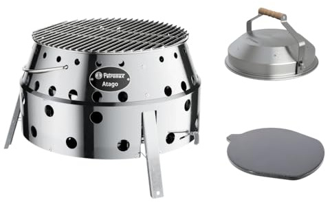 Petromax Atago Grill Set - 4-in-1 Funktion: Grill, Ofen, Herd & Feuerschale | Inkl. Edelstahl-Haube & Pizzastein | Ultraleicht & kompakt | Ideal für Camping, Garten & Balkon