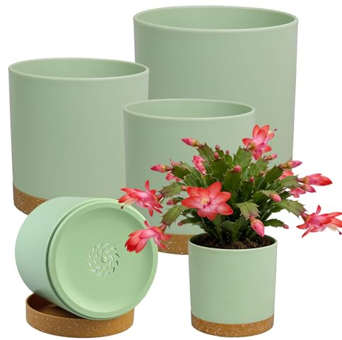 TEYIAN 5 Pack Plastic Plant Pots Indoor Outdoor 5 Sizes Flower Pot with Drainage Holes and Tray Modern Decorative Planter Pot for All House Plants, 17.8/16.5/15.2/12.7/10CM