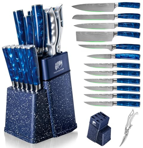 FULLHI 14pcs Block Knife Set, Chef's Knife Steak Knives Set with Block with Sharpener, Kitchen Knife Set, Multi-Colour Handle, Gifts for Men Women (Blue Resin)