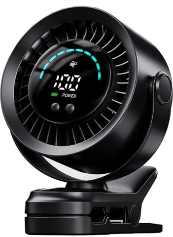 duludulu Clip Ventilator, Tragbarer Tischventilator Akku, 5 Geschwindigkeiten Leise Ventilator mit LED Display, 720° Drehbarer Kopf, 3-In-1 Klein Lüfter für Kinderwagen/Büro/Zuhause/Camping