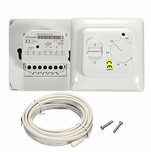 16A AC 220V 5-40°C Termostato Riscaldamento a Pavimento con Sonda, Termostato Ambiente da Parete Riscaldamento Elettrico Manuale Regolatore di Temperatura Meccanico Regolabile Bianco