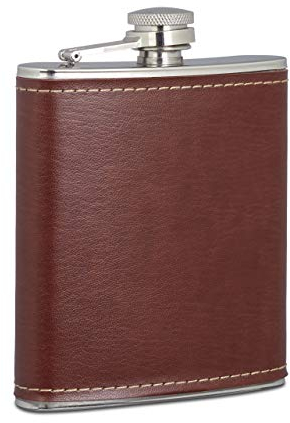 Relaxdays Flachmann 200ml, Taschenflasche aus Edelstahl mit Kunstleder Hülle, kleiner Flachmann für Unterwegs, braun, 1 Stück Kunstleder