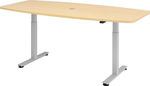 Bümö elektrisch höhenverstellbarer Konferenztisch in Ahorn 220x103 cm, Gestell: Silber - Besprechungstisch rund-oval, großer elektrischer Meeting Tisch für Konferenz & Besprechungsraum