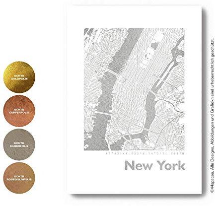 New York Wandbild Stadtposter Stadtplan Eckig - Wähle aus Rose Gold Silber Kupfer - A4 A3, Personaliserte City Map Einweihungsgeschenk Dekoration Wand-Deko Wohnzimmer Andenken Heimatstadt