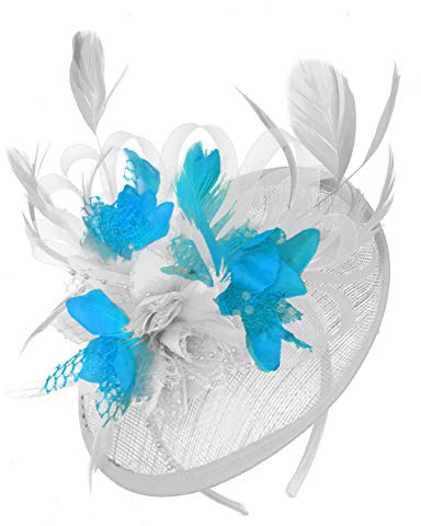 Caprilite White and Aqua Sinamay Disc Saucer Fascinator Hat for Women Weddings Headband