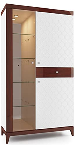 Casa Padrino Luxus Vitrinenschrank Weiß/Hochglanz Braun 111,2 x 45 x H. 205 cm - Beleuchteter Wohnzimmerschrank mit 2 Türen und Schublade - Wohnzimmermöbel