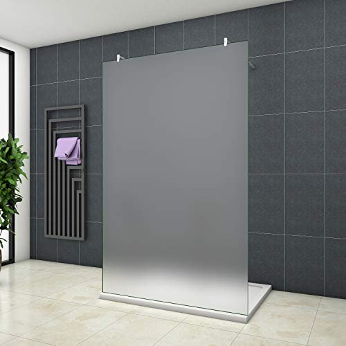 Aica Sanitär Freistehende Duschwand Walk In Dusche 107cm Duschabtrennung 10mm NANO Milchglas frosted Glas Duschtrennwand 200cm Höhe Splitterschutzfolie
