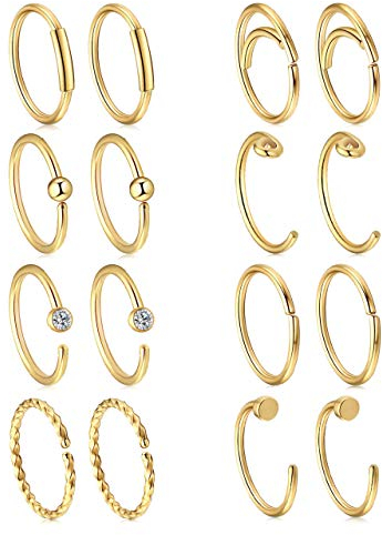 PiercingJak Nasenringe Gold Set 20G 8mm Edelstahl Nasenpiercing dünne Nasenseptum Nasen Ring Piercing Set Punk Schmuck Unisex, 16 Stücke