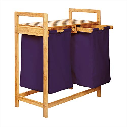 Lumaland Wäschekorb aus Bambus mit 2 ausziehbaren Wäschesäcken | Größe ca. 73 cm Höhe x 64 cm Breite x 33 cm Tiefe, Farbe: Lila