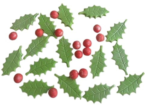 30 Pieces Beautiful Edible Sugar Holly leaves & Berries; Dusted with Luster 3cm; Handmade Christmas Cake/Cupcake Toppers/Decorations