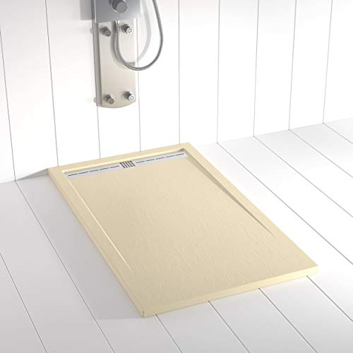 Shower Online Plato de ducha Resina FLOW - 80x100 - Textura Pizarra - Antideslizante - Todas las medidas disponibles - Incluye Rejilla Inox y Sifón - Crema RAL 1015