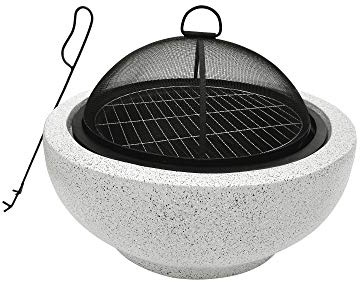 Teamson Home Round Steel Outdoor Fire Pit Outside Wood Burning Firepit Bonfire with Spark Screen, Firebowl, Poker, Stainless Steel Rack, Charcoal Grill for Patio Garden Backyard BBQ, 24 Inch, Gray