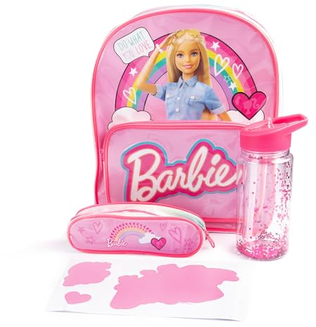 Barbie Backpack for Kids - Includes 1 x Backpack, 1 x Pencil Case and 1 x Scratch and Reveal Water Bottle with Straw, Back to School Supplies