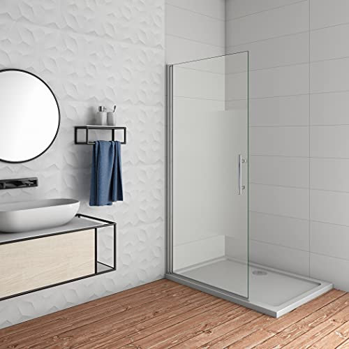 AICA paroi de douche pivotante 85x185cm en 6mm verre sablé au centre et anticalcaire installation à gauche