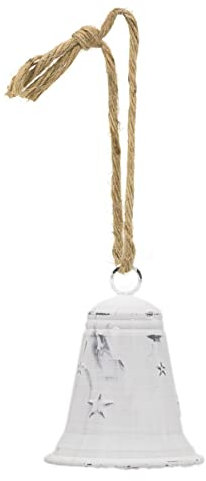 Carousel Home White Metal Christmas Bell Rustic Tree Decorations | Embossed Xmas Hanging Bell | Festive Jingle Bell Hanging Decorations, 13.5cm